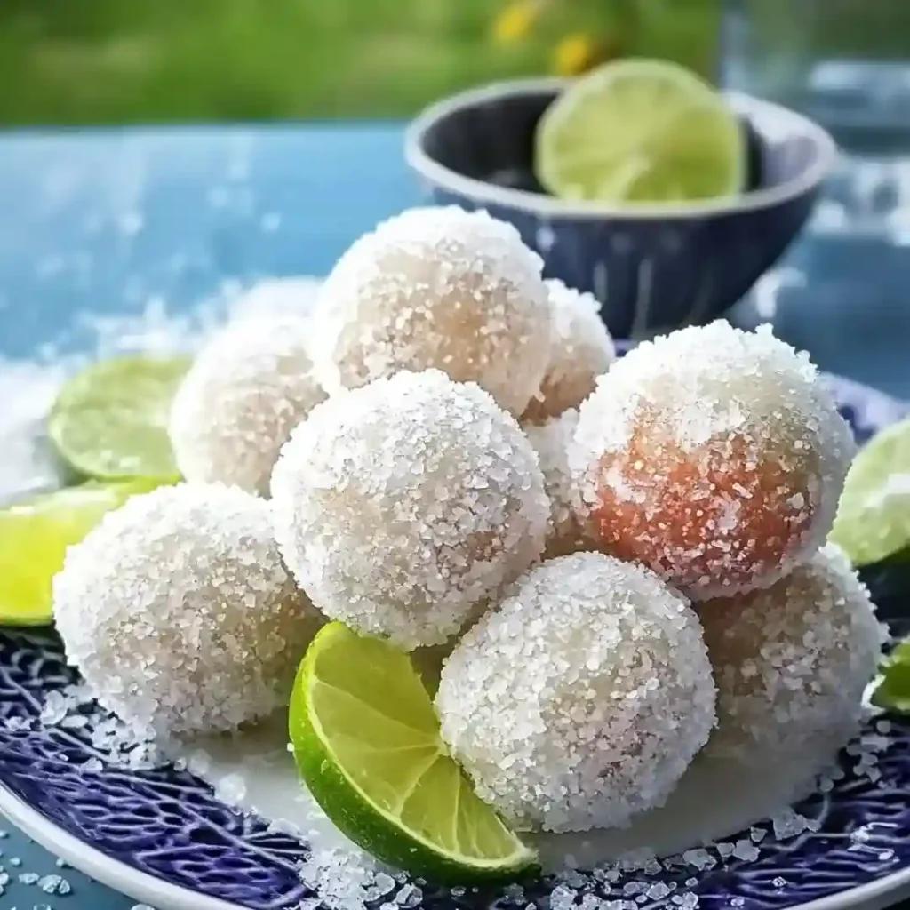 Margarita Balls recipe made with tequila, lime zest, cream cheese and vanilla wafers served on white plate