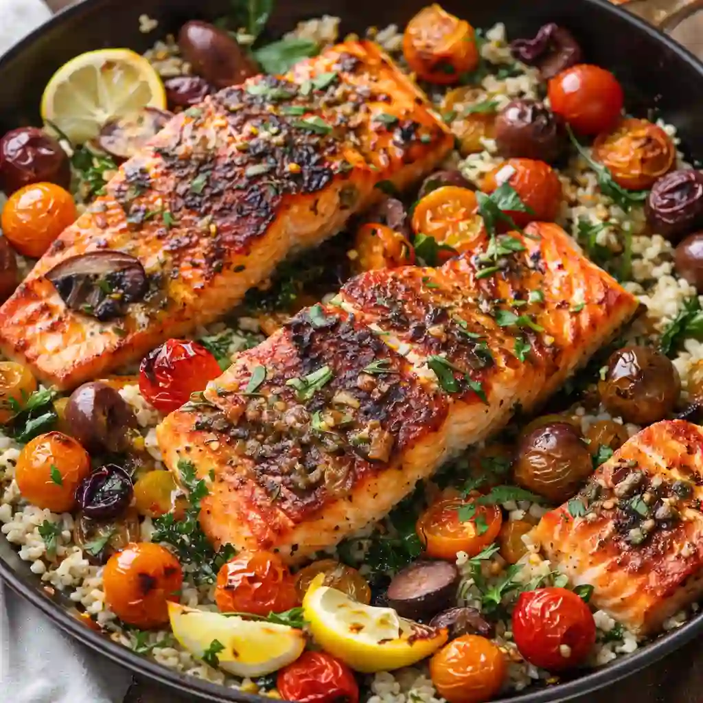 Mediterranean Salmon baked with lemon herb, cherry tomatoes, olives and feta on white marble surface