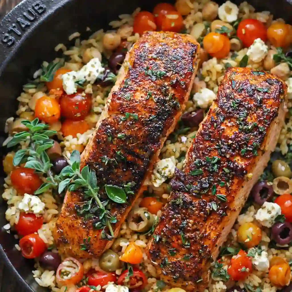 Mediterranean Salmon baked with lemon herb, cherry tomatoes, olives and feta on white marble surface