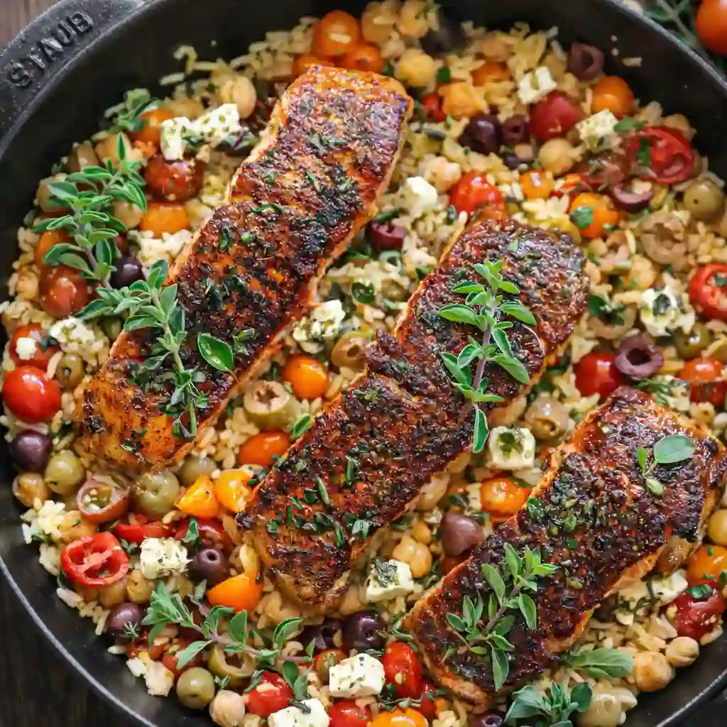 Mediterranean Salmon baked with lemon herb, cherry tomatoes, olives and feta on white marble surface