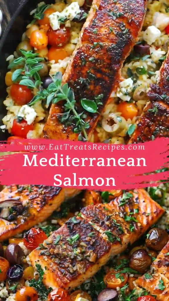 Mediterranean Salmon baked with lemon herb, cherry tomatoes, olives and feta on white marble surface