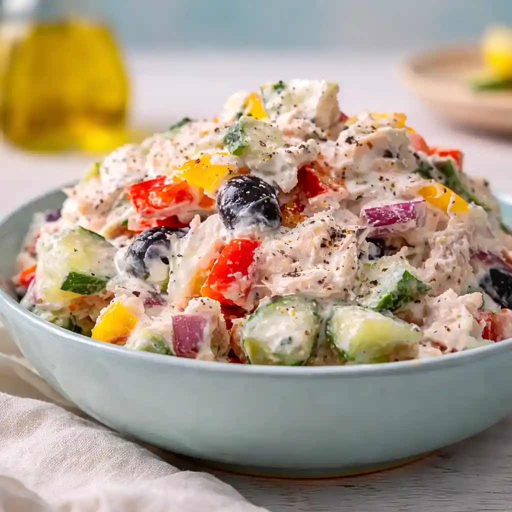 Mediterranean Tuna Salad With Greek Yogurt in white bowl