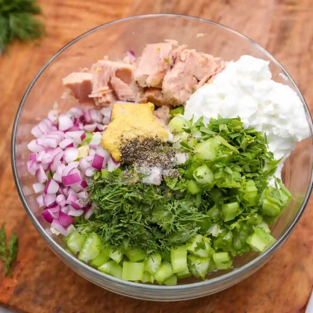 Mediterranean Tuna Salad With Greek Yogurt in white bowl