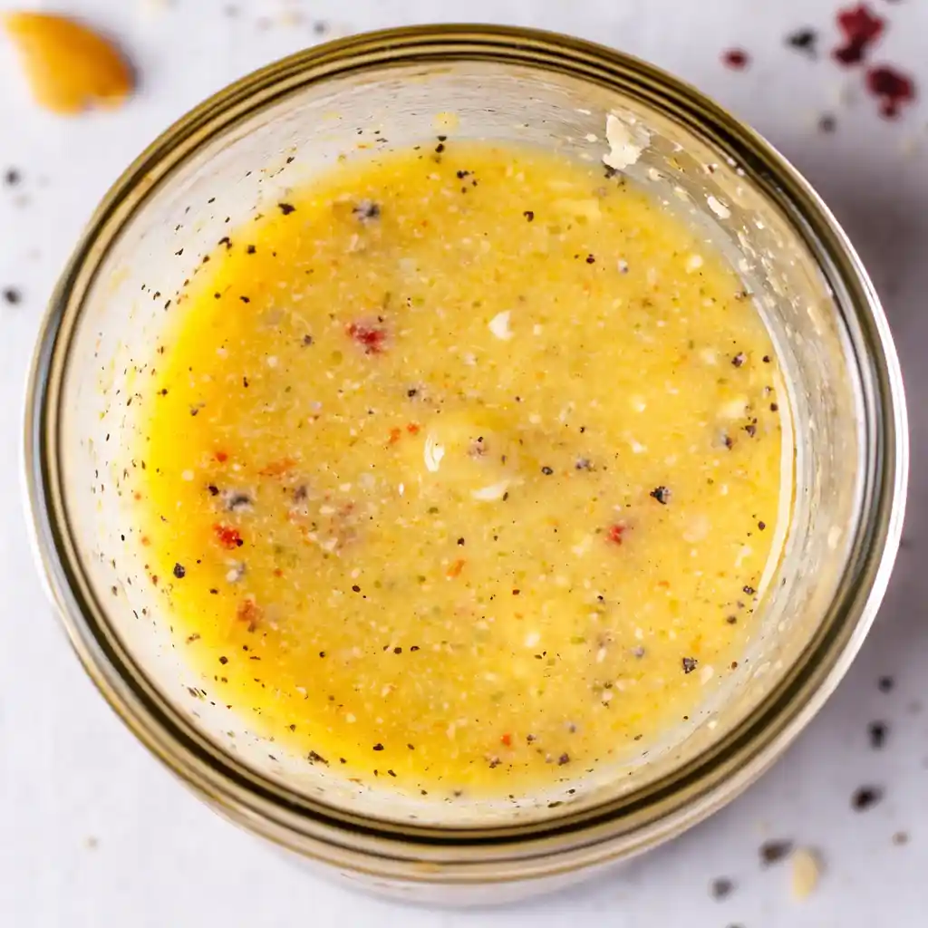 Homemade parmesan vinaigrette in glass jar on white marble surface