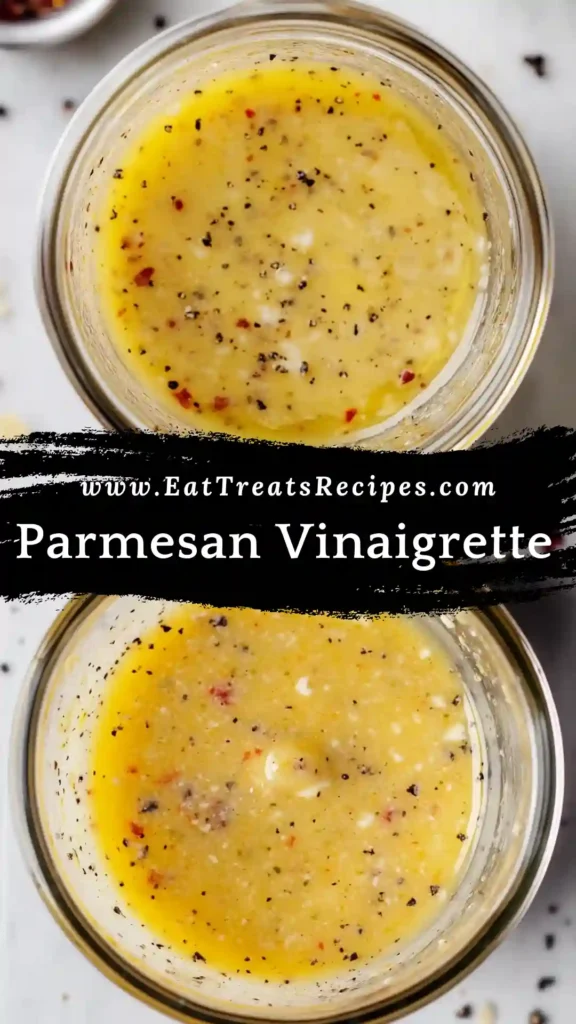 Homemade parmesan vinaigrette in glass jar on white marble surface