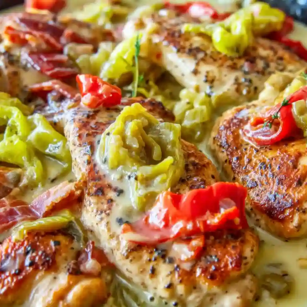 Creamy pepperoncini chicken served in white bowl with parsley garnish