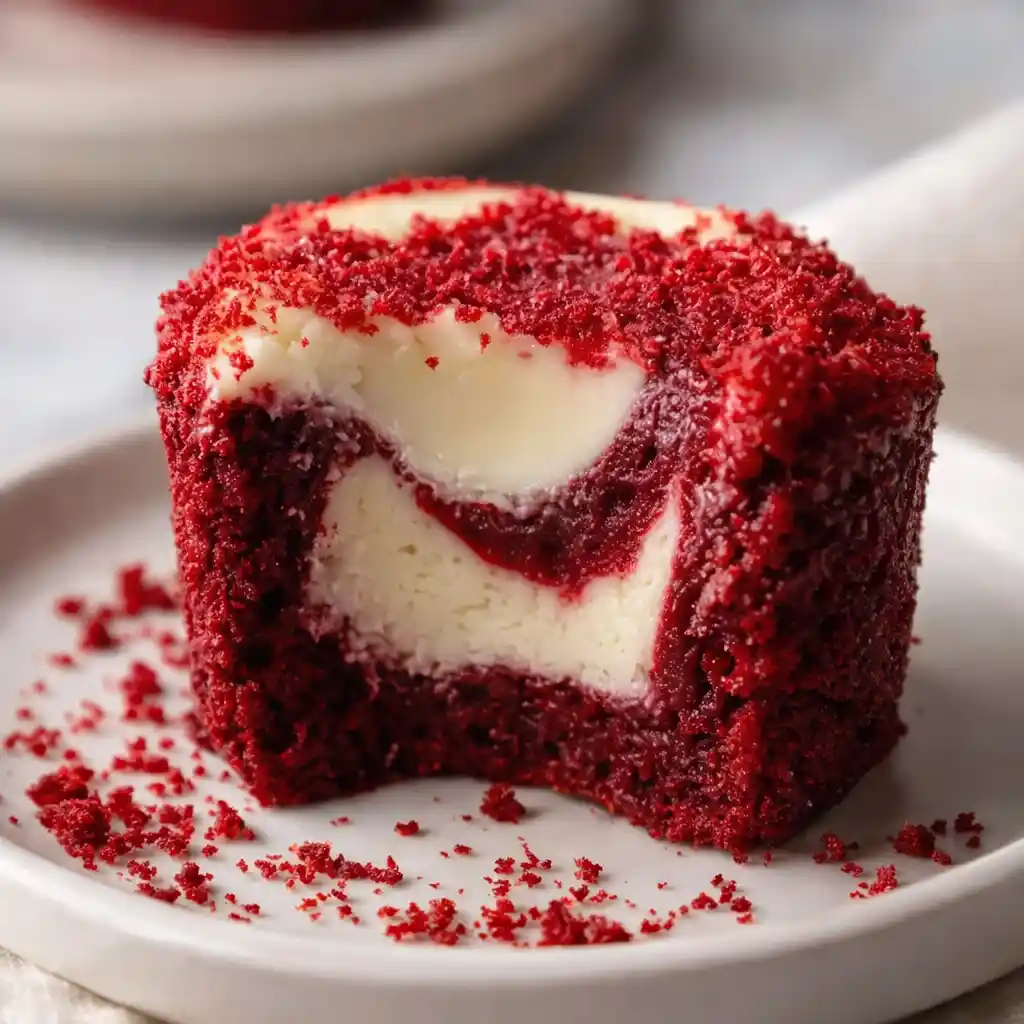 Serving red velvet cheesecake brownie bites on white plate with elegant presentation