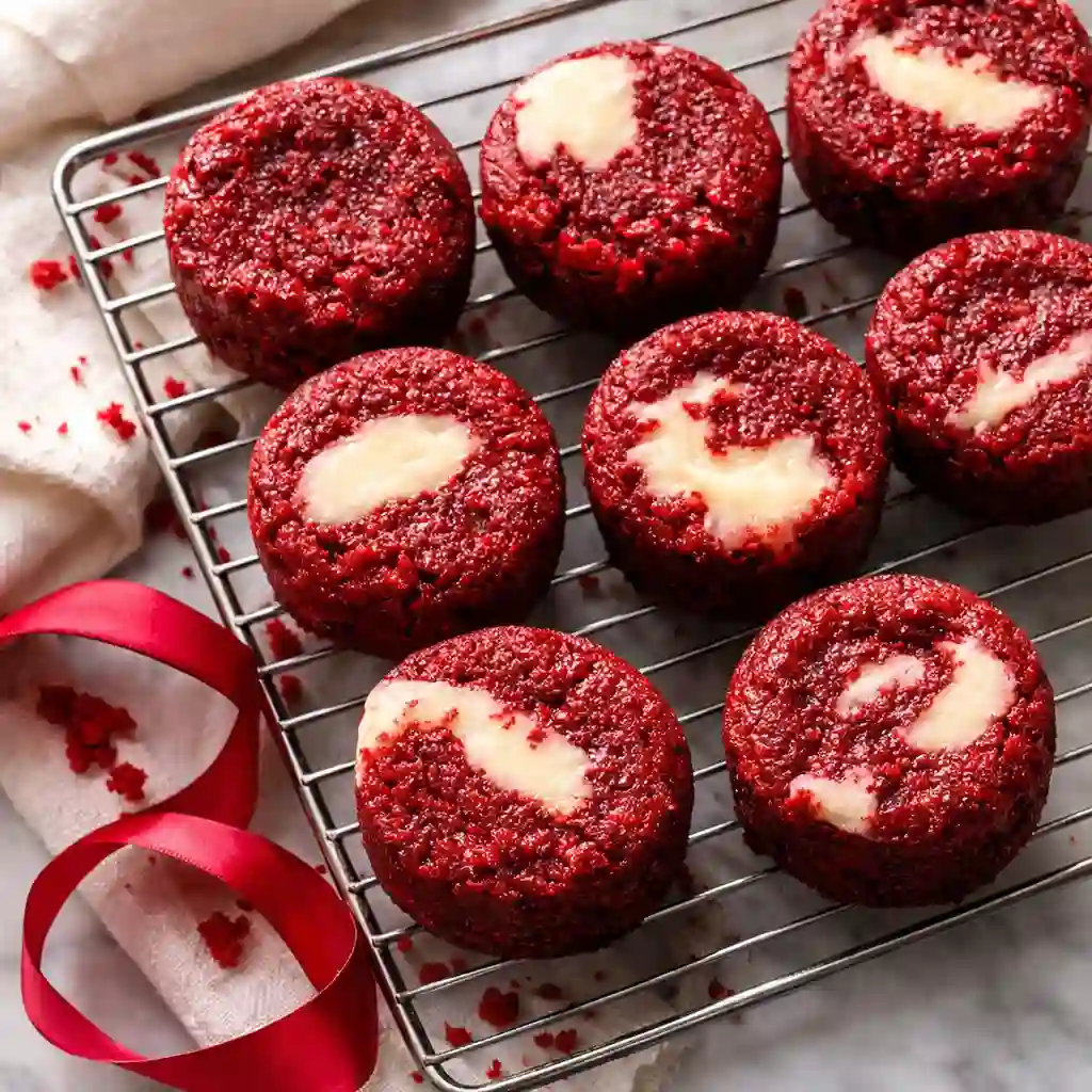 Serving red velvet cheesecake brownie bites on white plate with elegant presentation