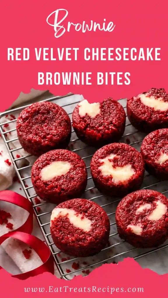 Serving red velvet cheesecake brownie bites on white plate with elegant presentation