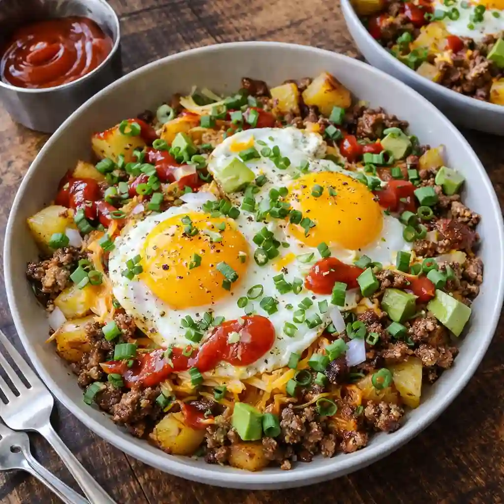 sausage and potato breakfast bowls with scrambled eggs and melted cheese in a meal prep bowl