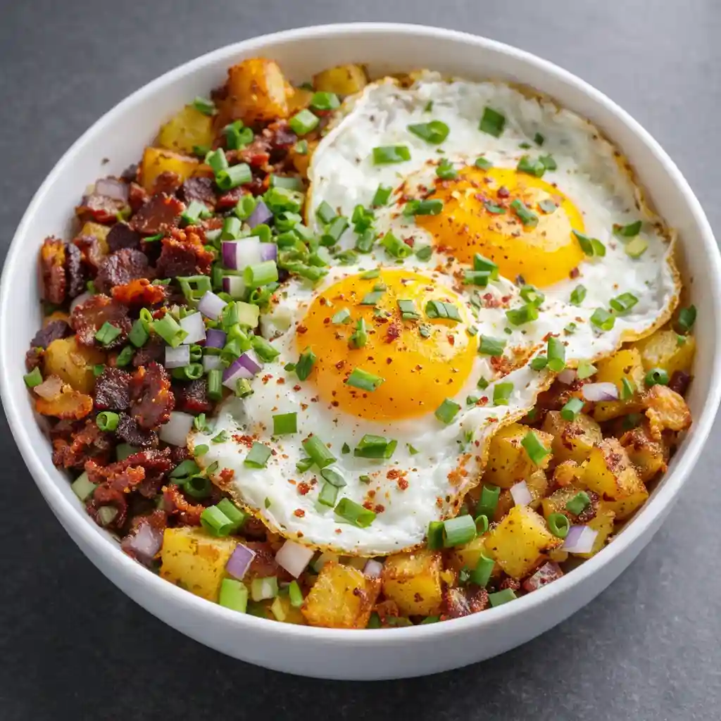 sausage and potato breakfast bowls with scrambled eggs and melted cheese in a meal prep bowl