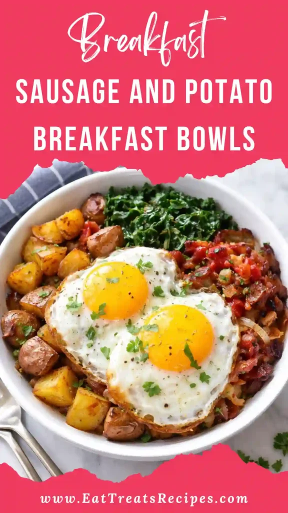 sausage and potato breakfast bowls with scrambled eggs and melted cheese in a meal prep bowl