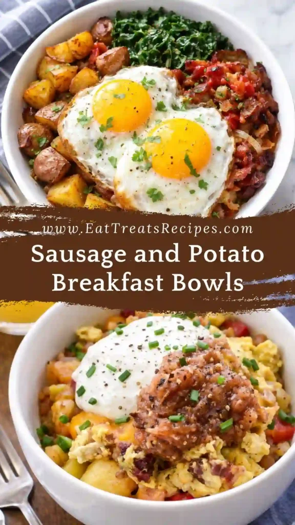sausage and potato breakfast bowls with scrambled eggs and melted cheese in a meal prep bowl