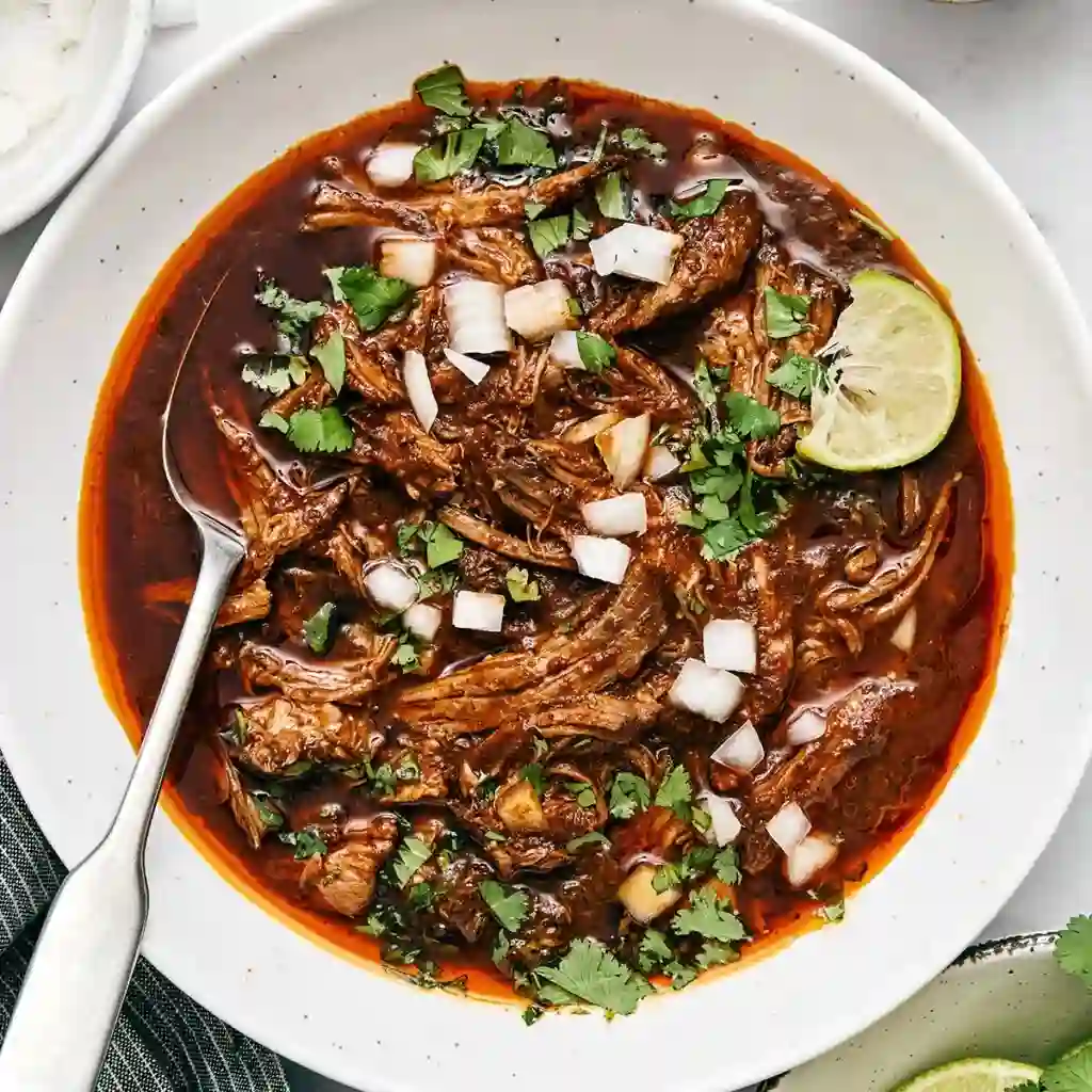 Tender slow cooker birria de res in rich broth for tacos and bowls.