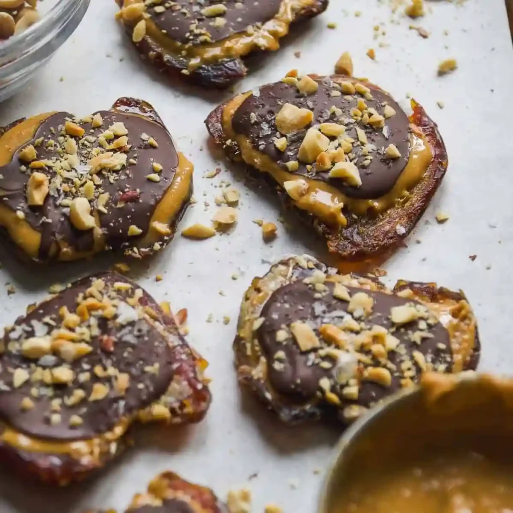 finished smashed date snickers bars served on marble background