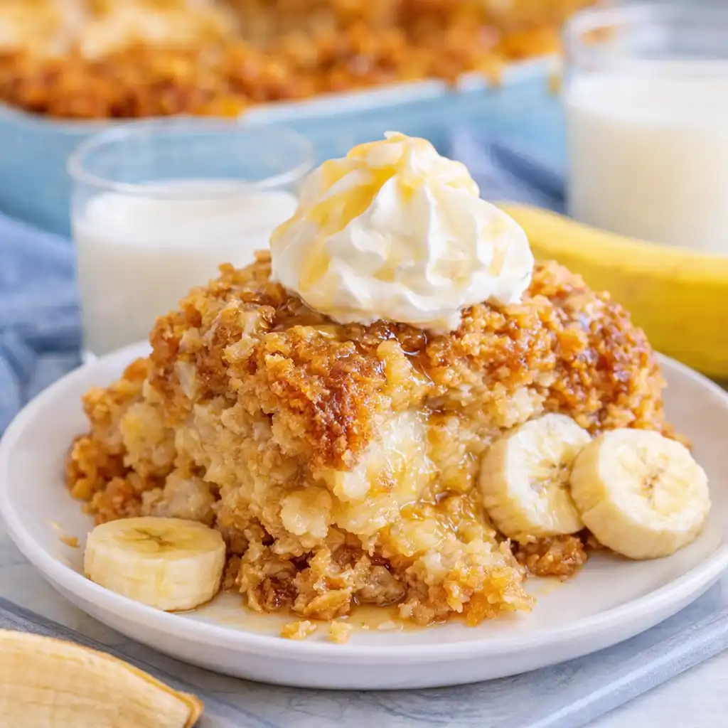 southern banana cobbler on holiday dessert table next to apple cobbler and peach cobbler