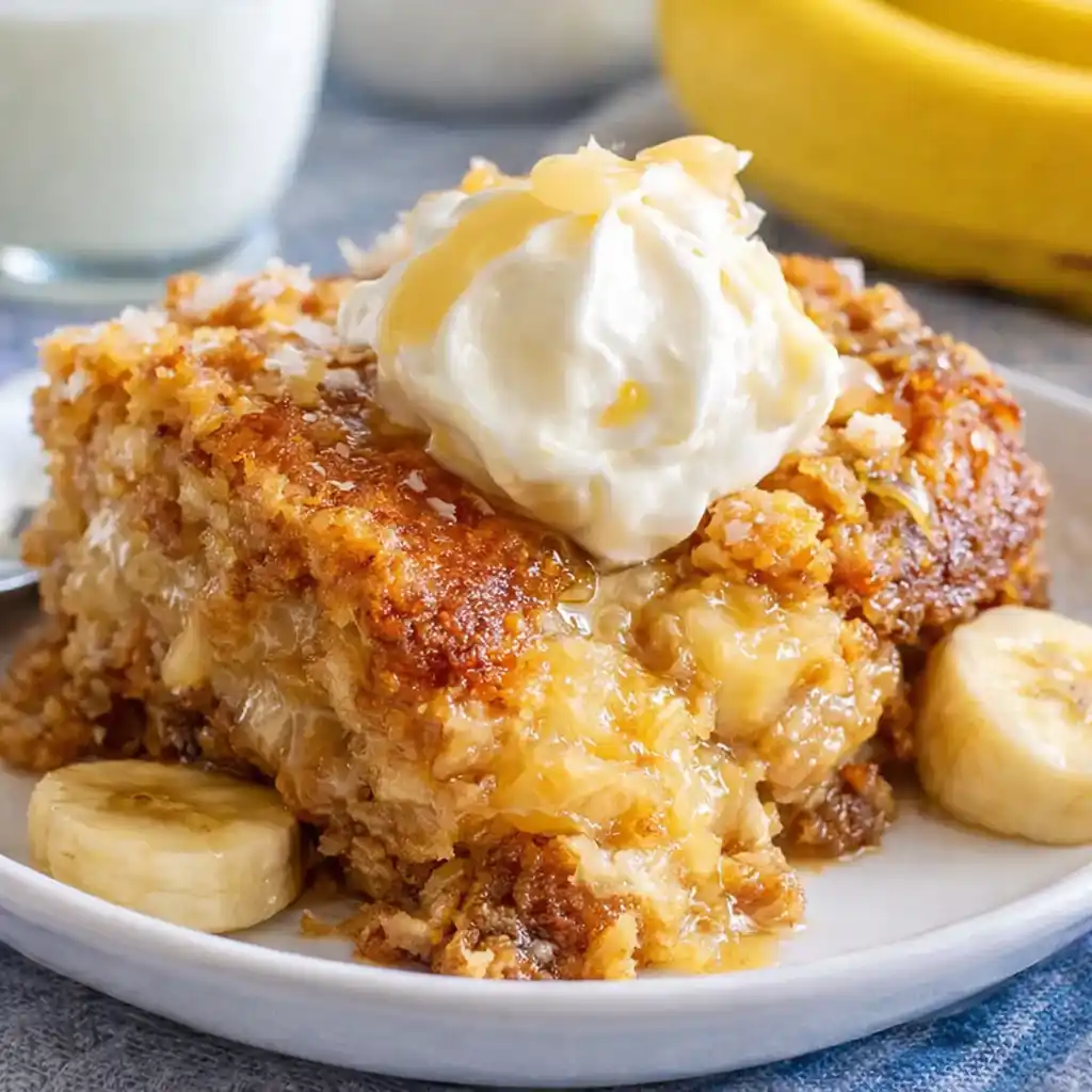 southern banana cobbler on holiday dessert table next to apple cobbler and peach cobbler