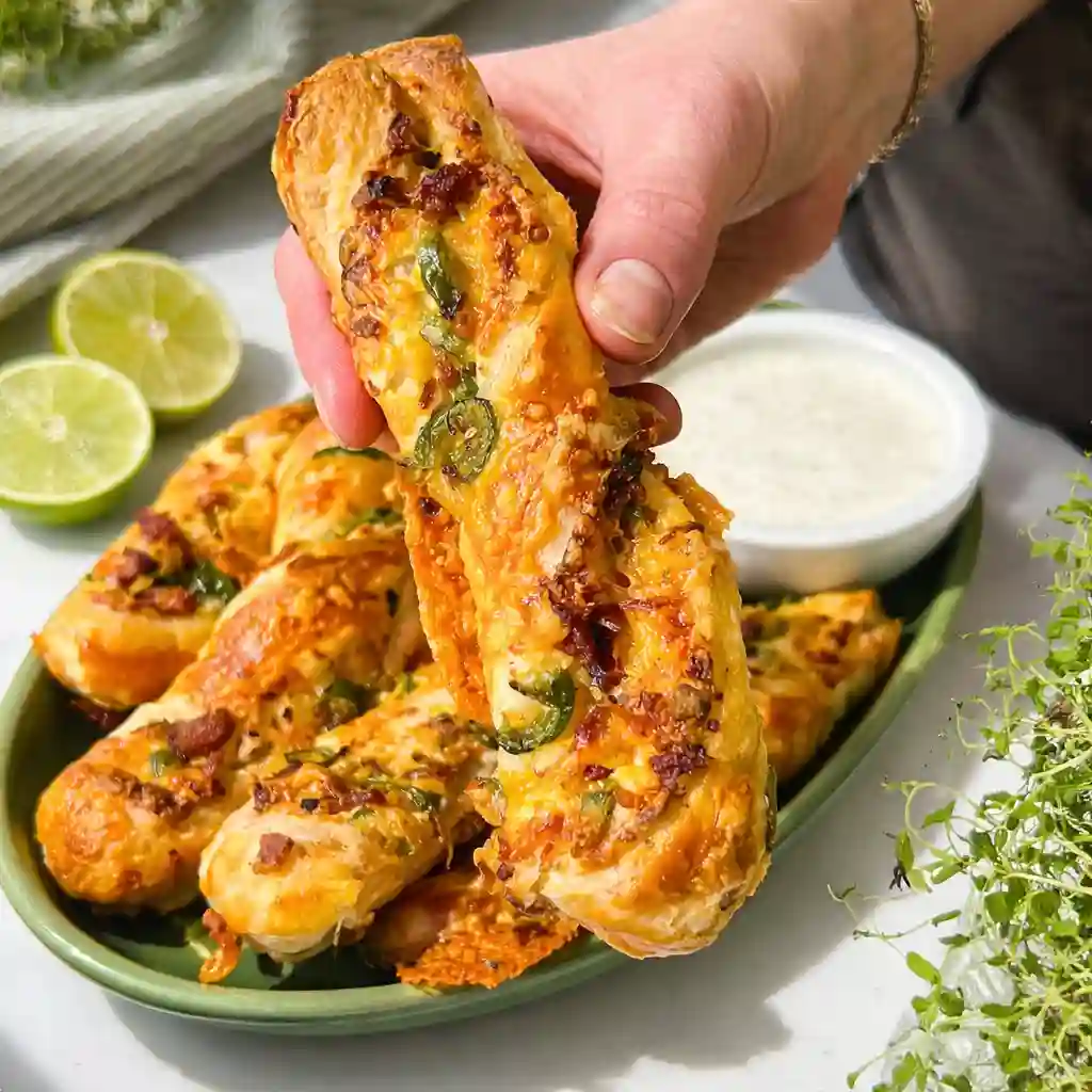 Close-up of flaky layers and creamy jalapeno cheese filling inside popper twists