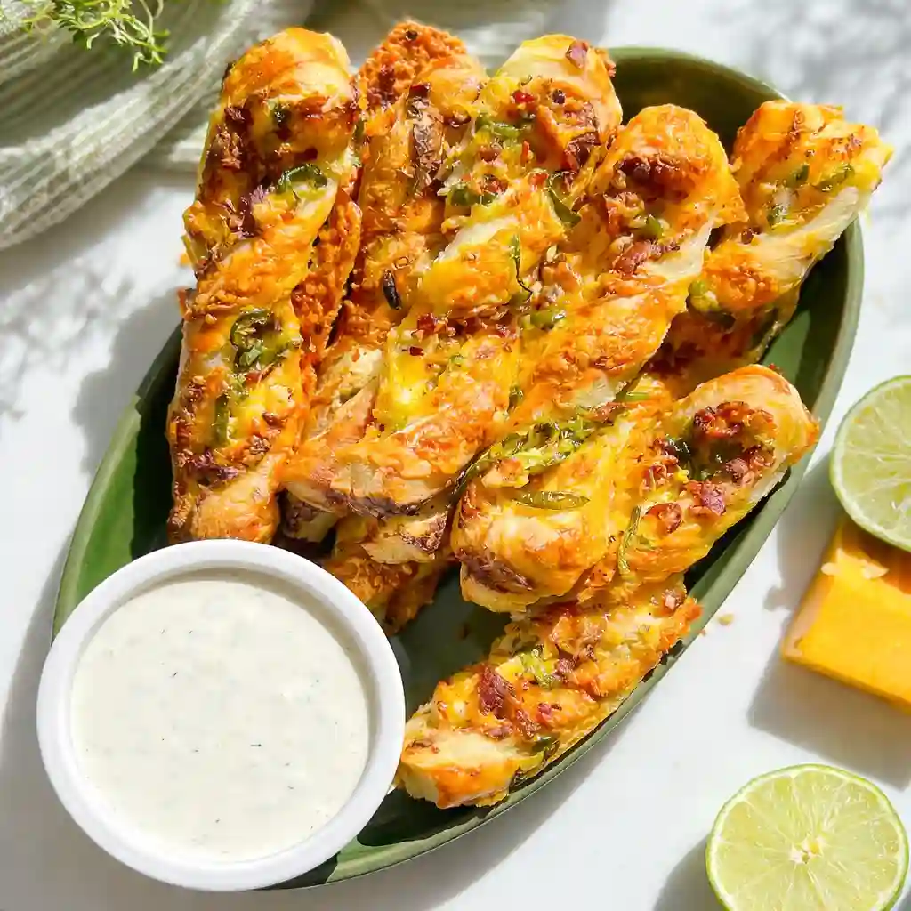 Close-up of flaky layers and creamy jalapeno cheese filling inside popper twists