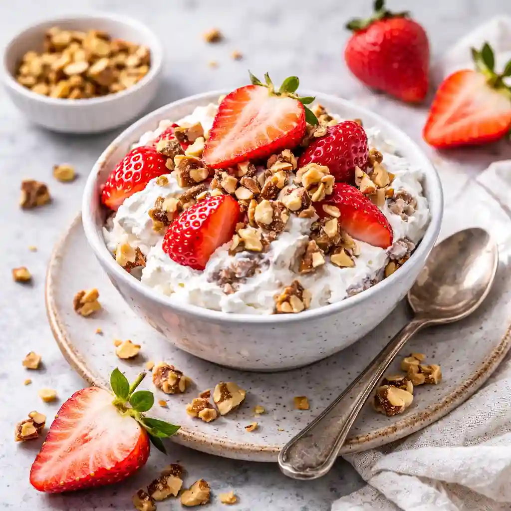 strawberry crackle salad served as holiday dessert next to christmas crackers and fruit salads