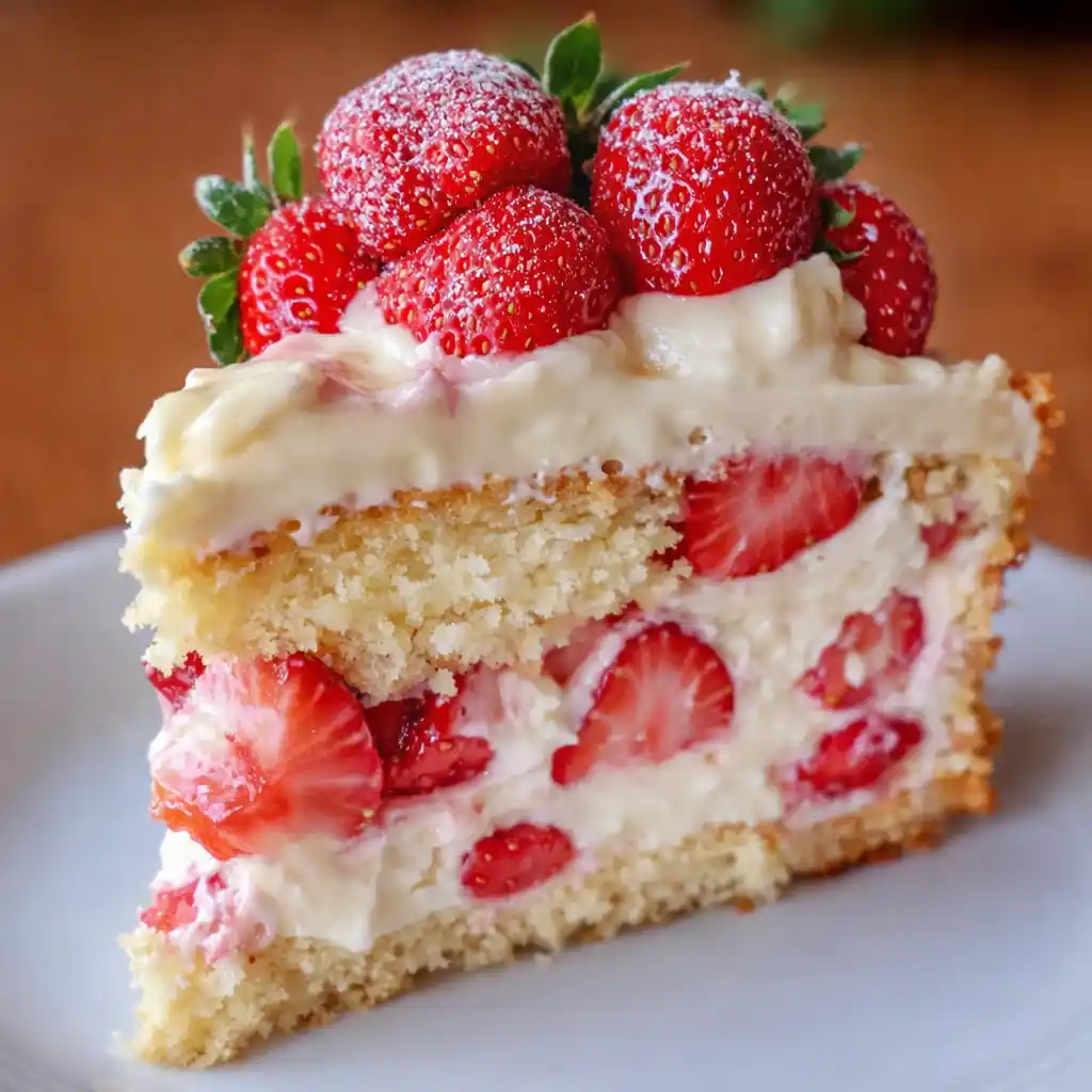 Layering strawberry custard cake with custard filling
