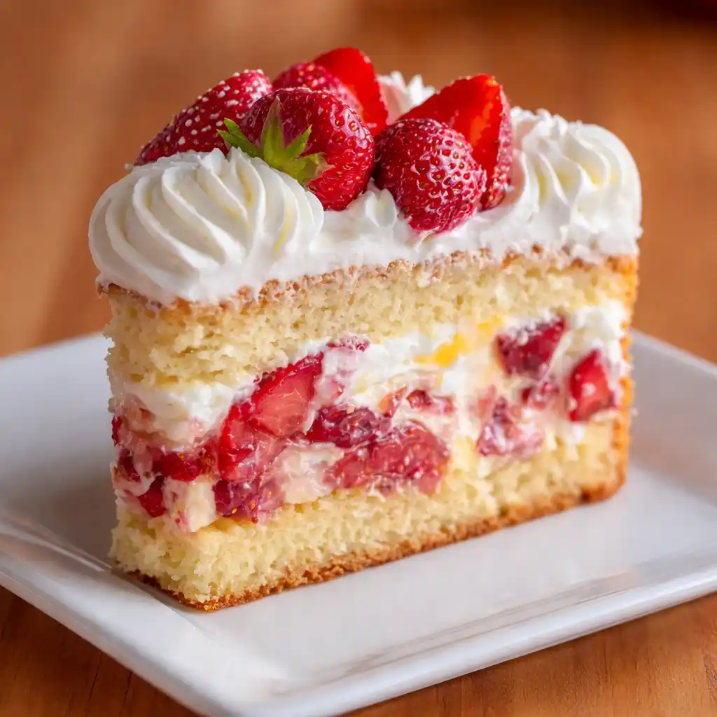 Layering strawberry custard cake with custard filling