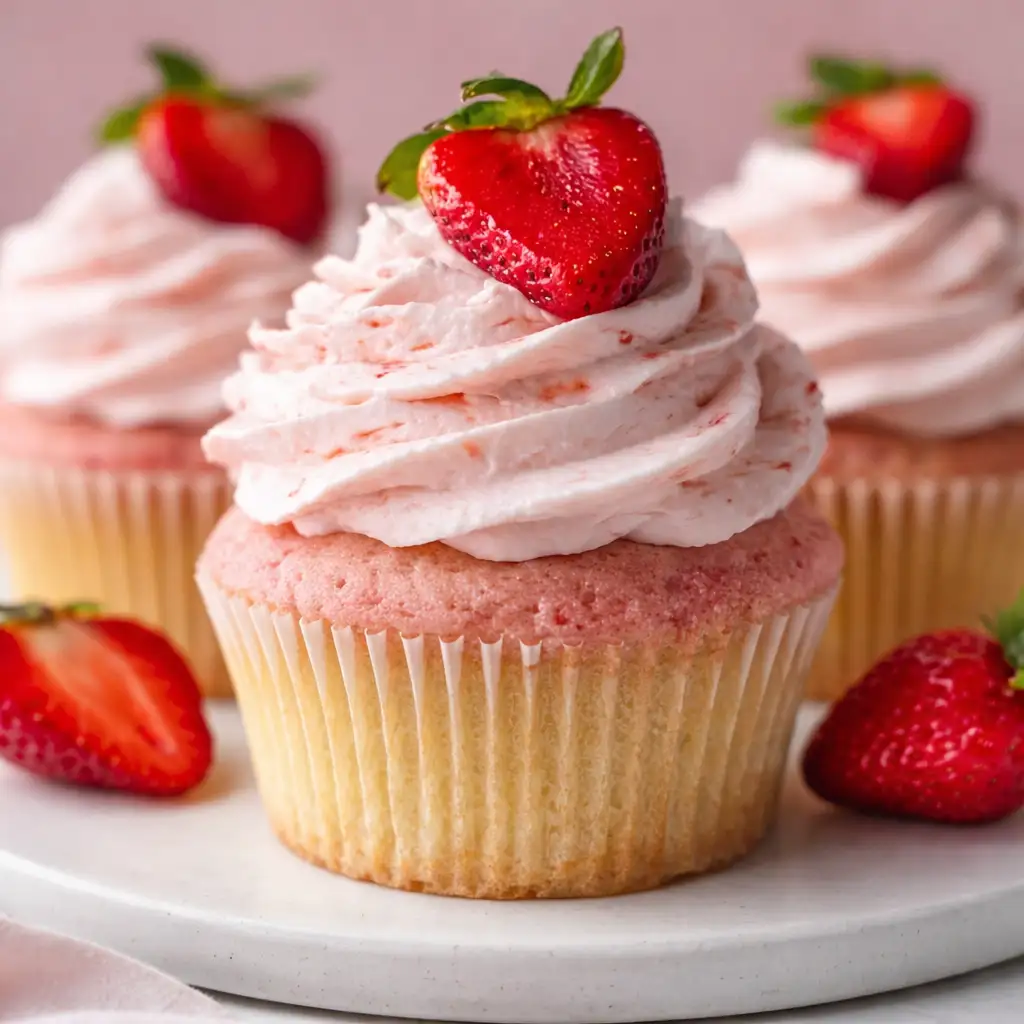 Bakery style strawberry milkshake cupcakes ready to serve
