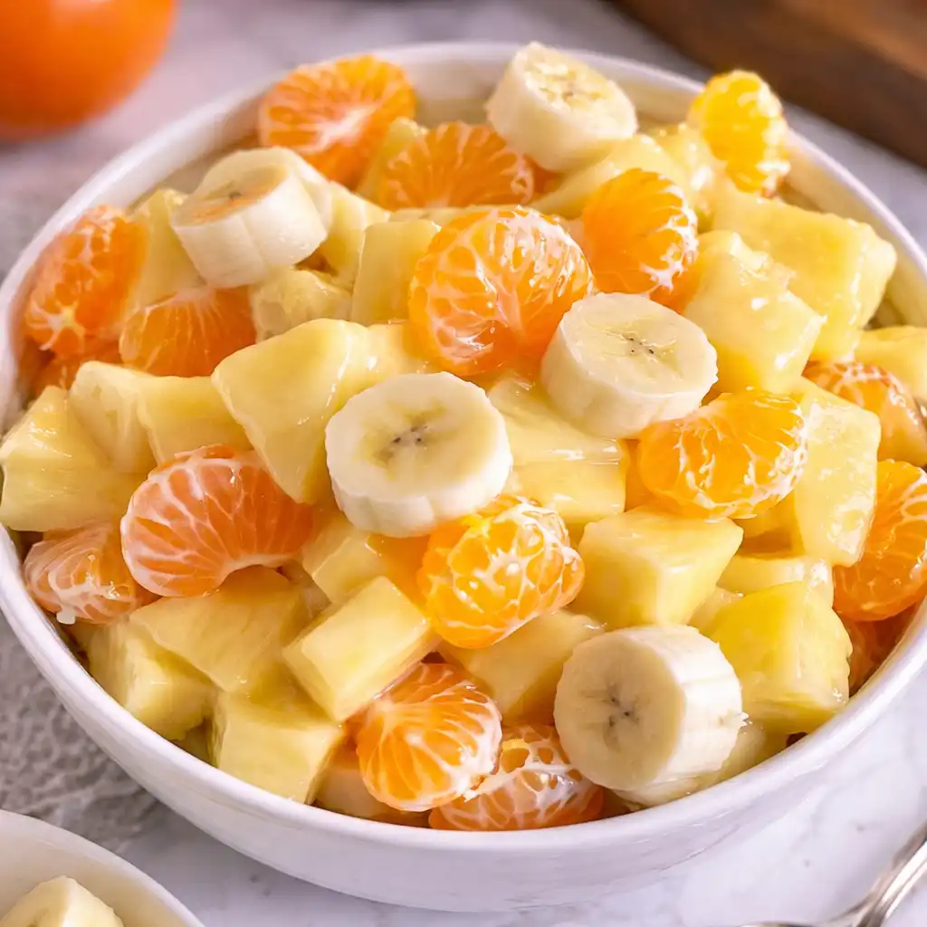 Sunshine Salad with mandarin oranges, pineapple and marshmallows in white bowl on marble surface