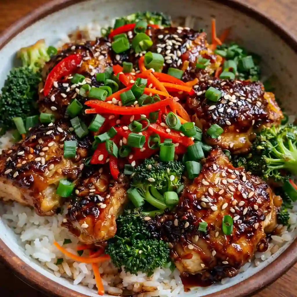 sweet chili chicken bowl with rice and coconut lime drizzle