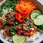 sweet chili chicken bowl with rice and coconut lime drizzle