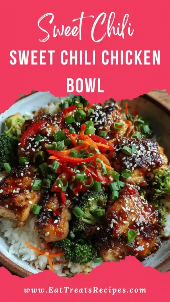 sweet chili chicken bowl with rice and coconut lime drizzle