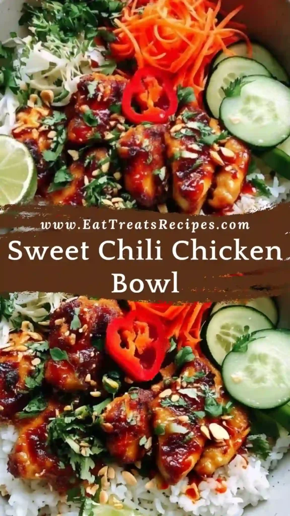 sweet chili chicken bowl with rice and coconut lime drizzle