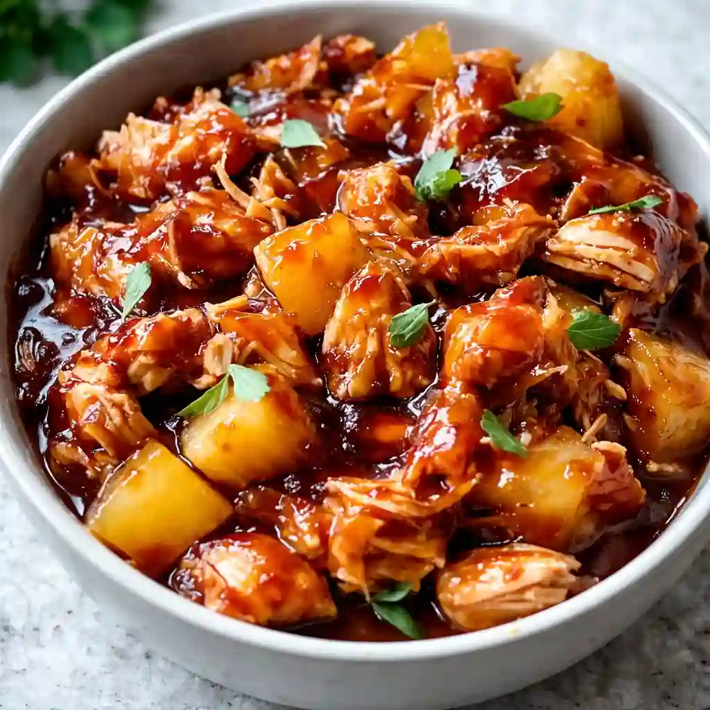 Sweet Hawaiian Crockpot Chicken served over rice with pineapple chunks and green onions