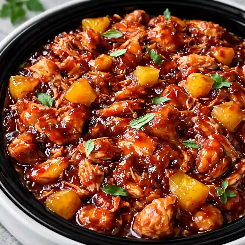 Sweet Hawaiian Crockpot Chicken served over rice with pineapple chunks and green onions