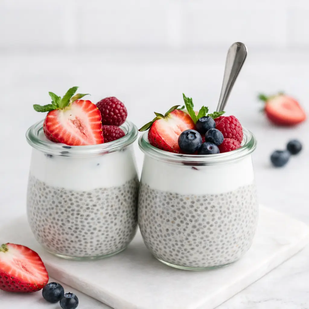 high protein vanilla chia pudding with yogurt and berries