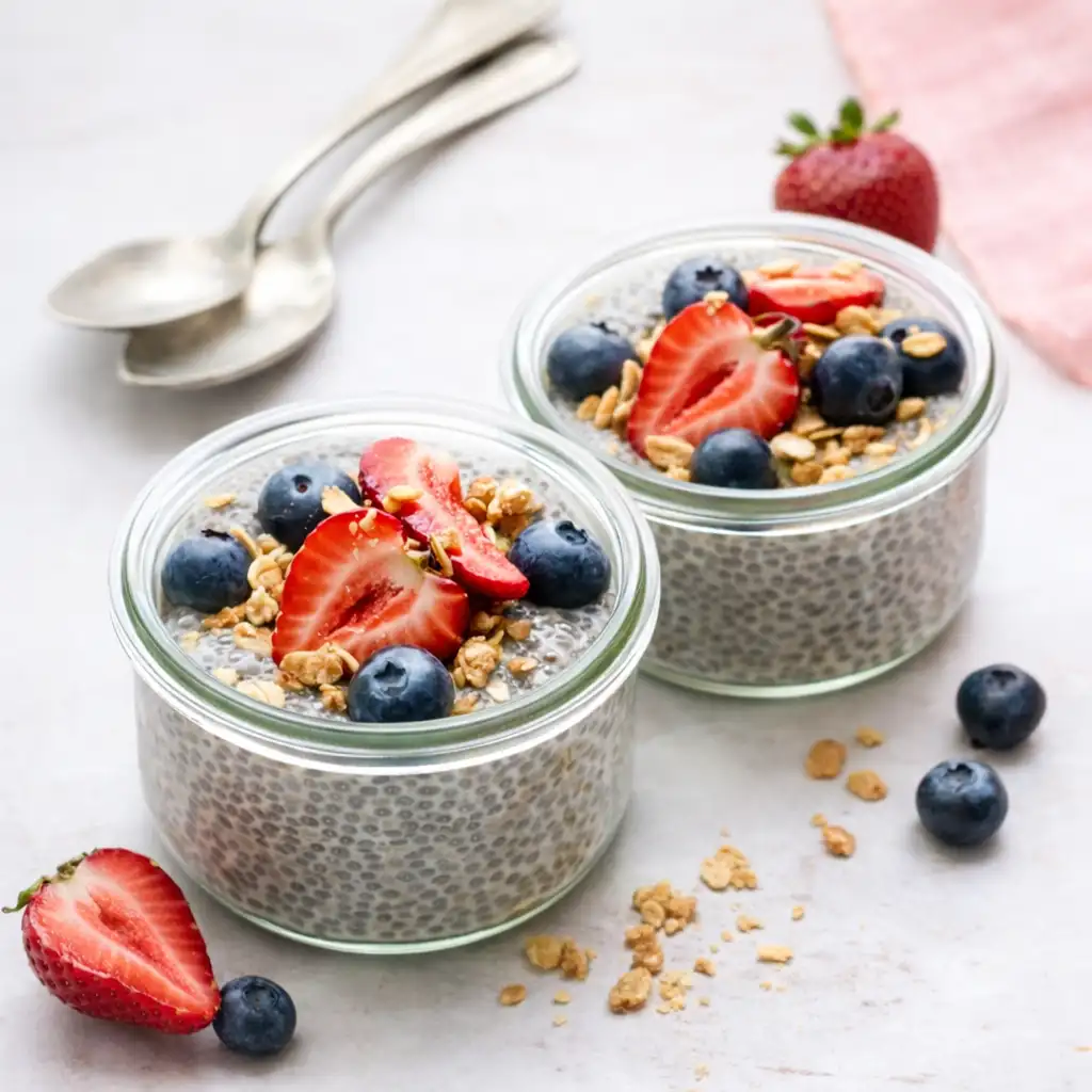 high protein vanilla chia pudding with yogurt and berries