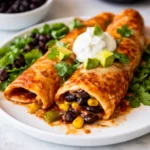 Vegetarian black bean enchiladas with melted cheese and red sauce
