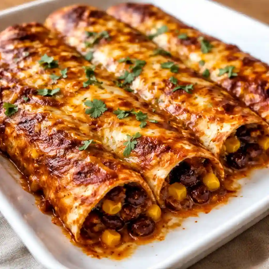 Vegetarian black bean enchiladas with melted cheese and red sauce