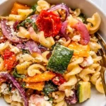 veggie pasta with baked feta and roasted vegetables