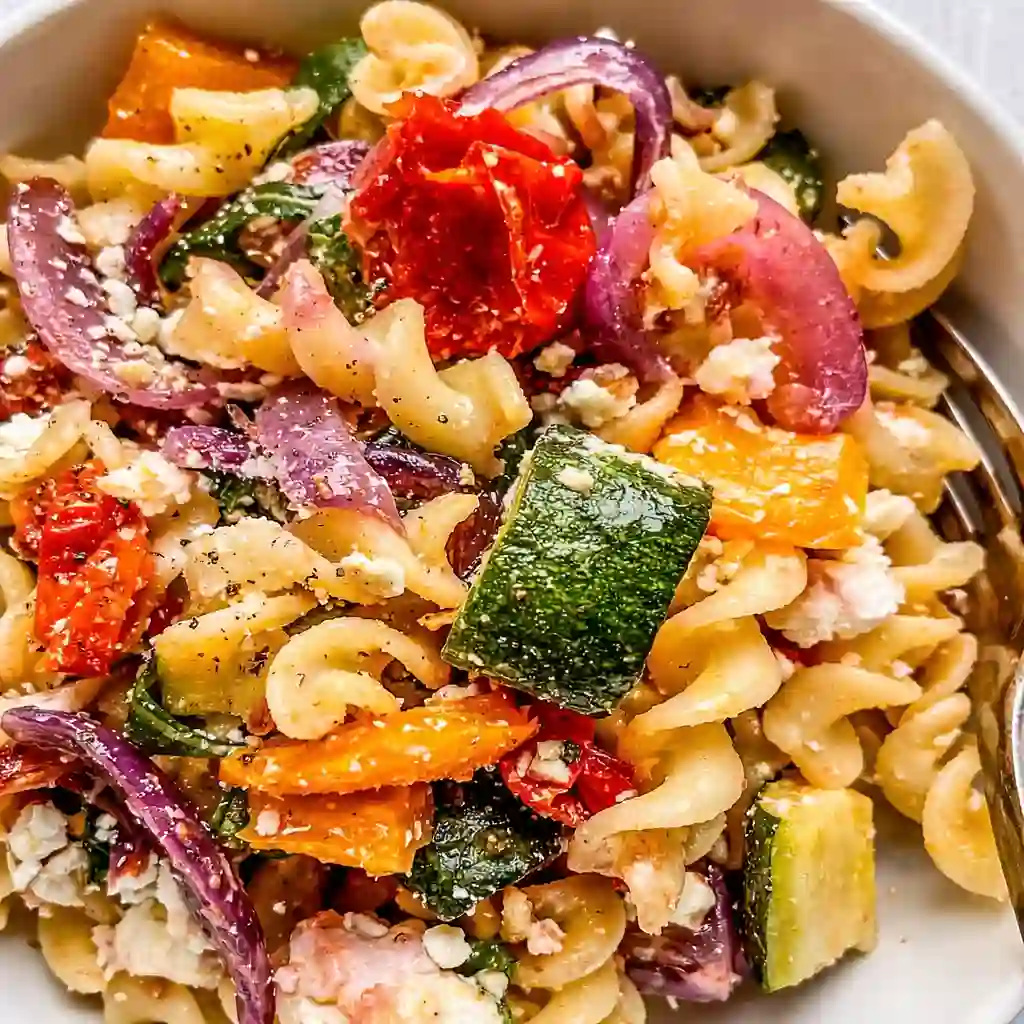 veggie pasta with baked feta and roasted vegetables