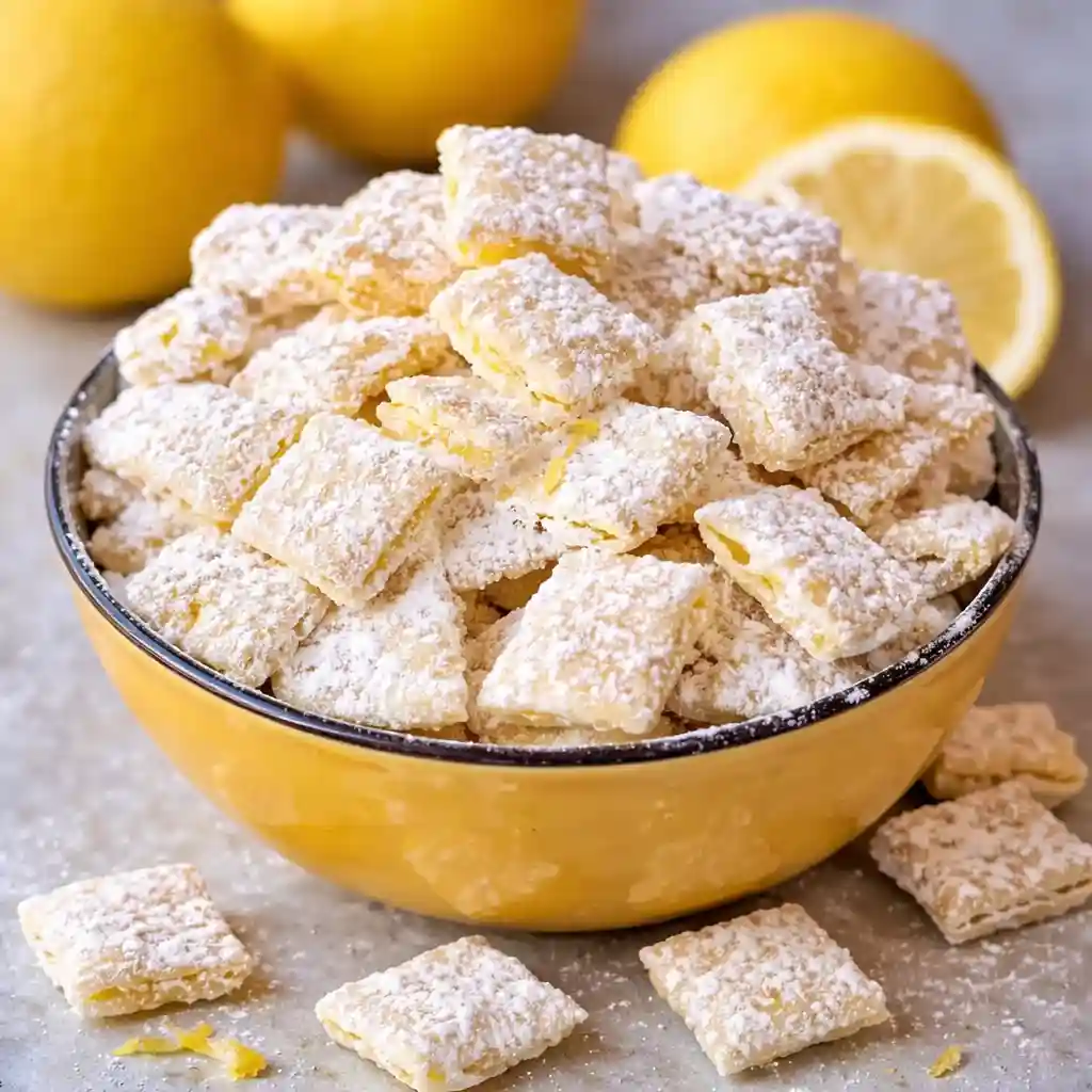 Zesty lemonade puppy chow recipe snack in white bowl on marble background
