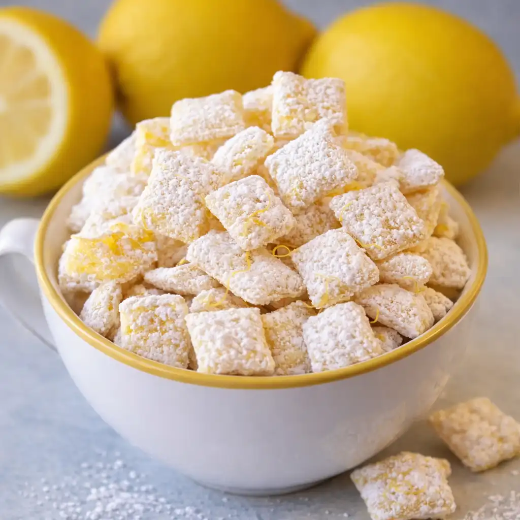Zesty lemonade puppy chow recipe snack in white bowl on marble background