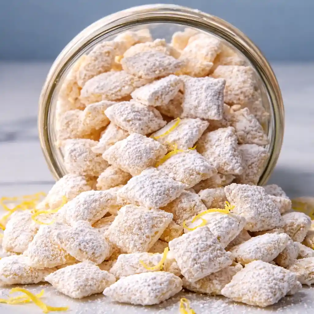 Zesty lemonade puppy chow recipe snack in white bowl on marble background