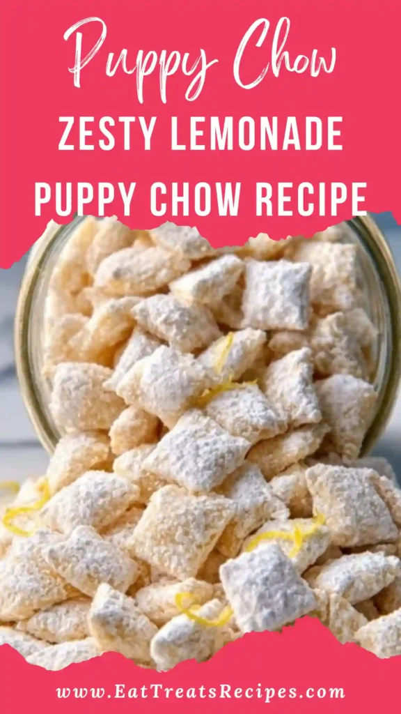 Zesty lemonade puppy chow recipe snack in white bowl on marble background