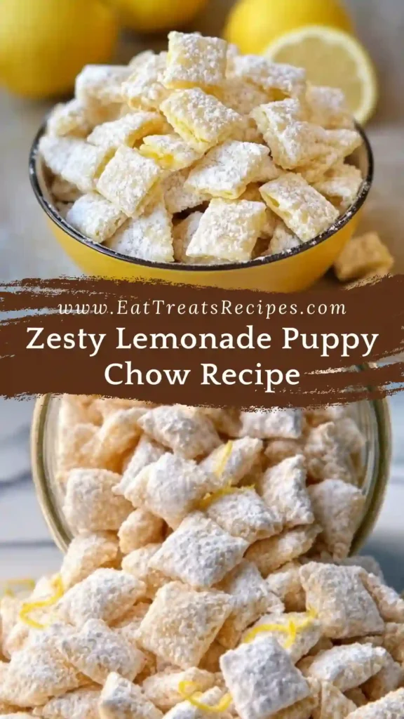 Zesty lemonade puppy chow recipe snack in white bowl on marble background