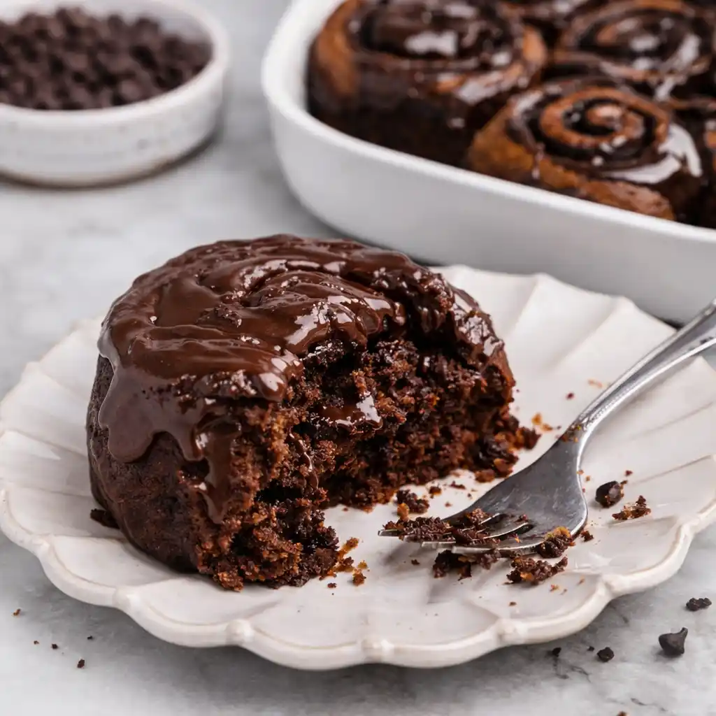Chocolate Cinnamon Rolls with cream cheese frosting and melted chocolate drizzle