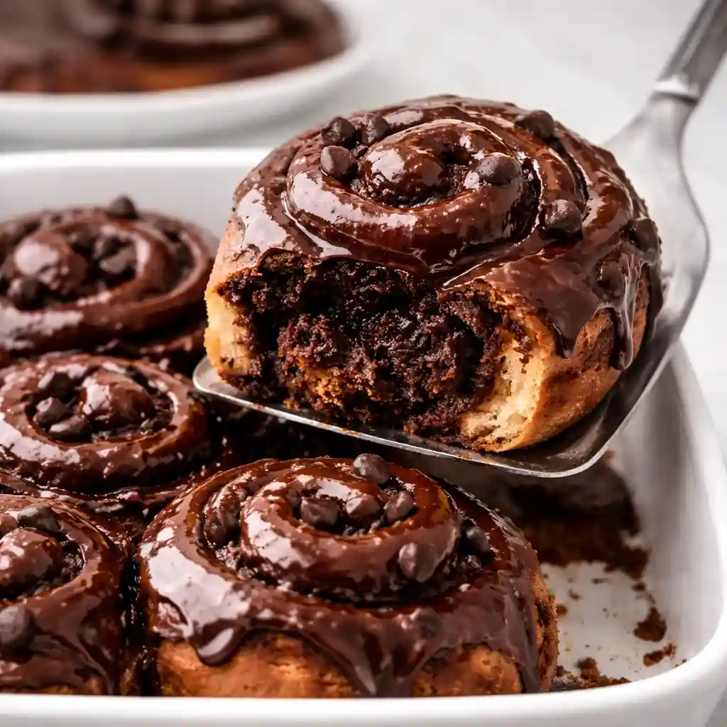 Chocolate Cinnamon Rolls with cream cheese frosting and melted chocolate drizzle