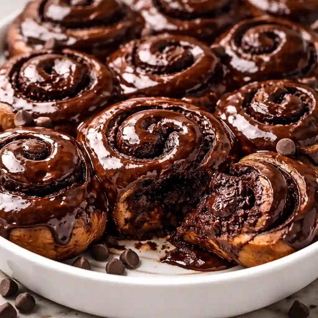 Chocolate Cinnamon Rolls with cream cheese frosting and melted chocolate drizzle