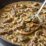 Classic homemade beef stroganoff recipe with mushrooms and sour cream sauce