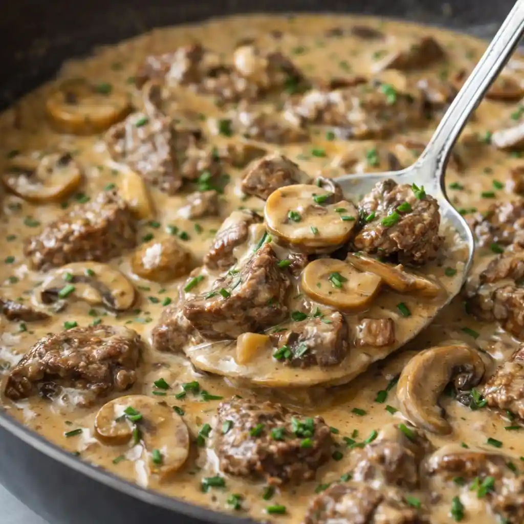 Classic homemade beef stroganoff recipe with mushrooms and sour cream sauce